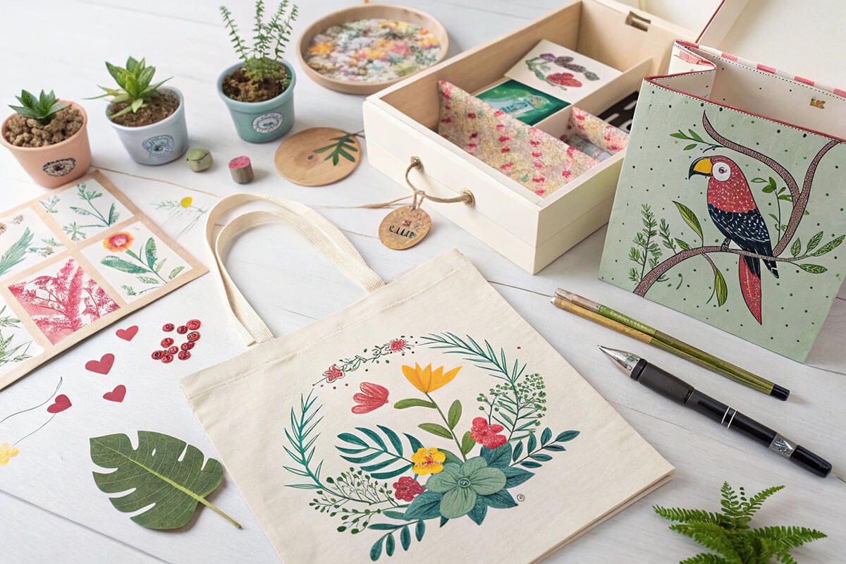 Flat-lay of various custom products like stickers, boxes, and tote bags