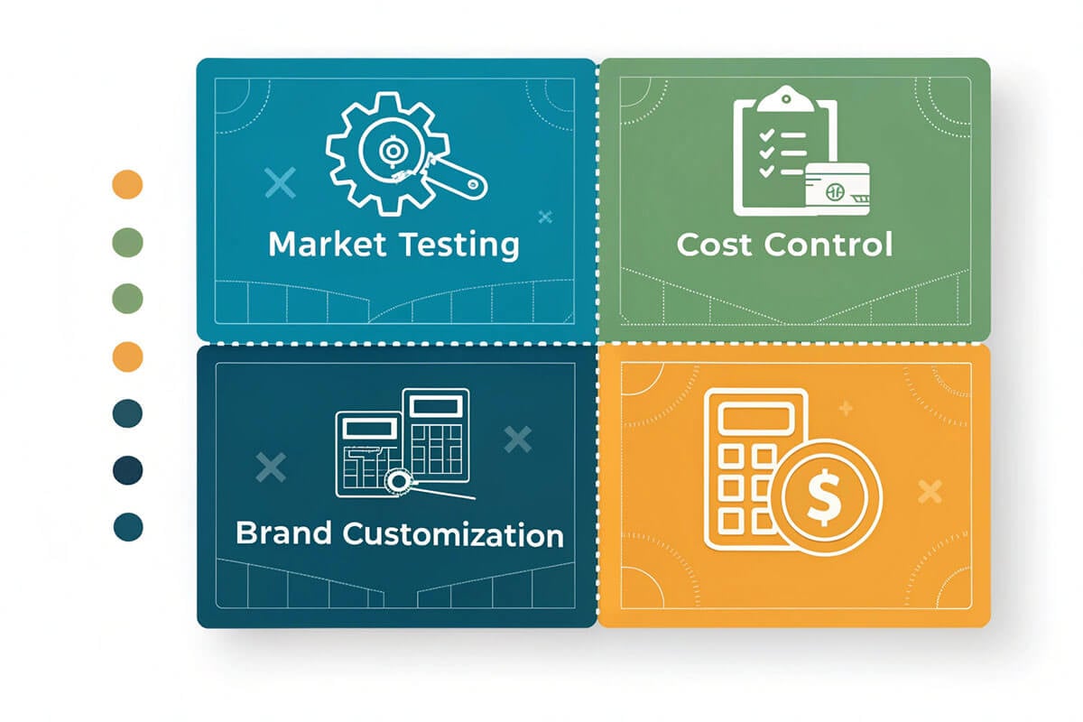 Infographic showing low MOQ benefits for SMEs, including market testing
