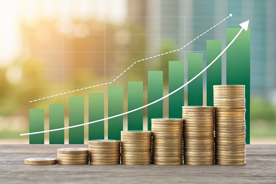 Stacked coins and a bar graph representing profit growth