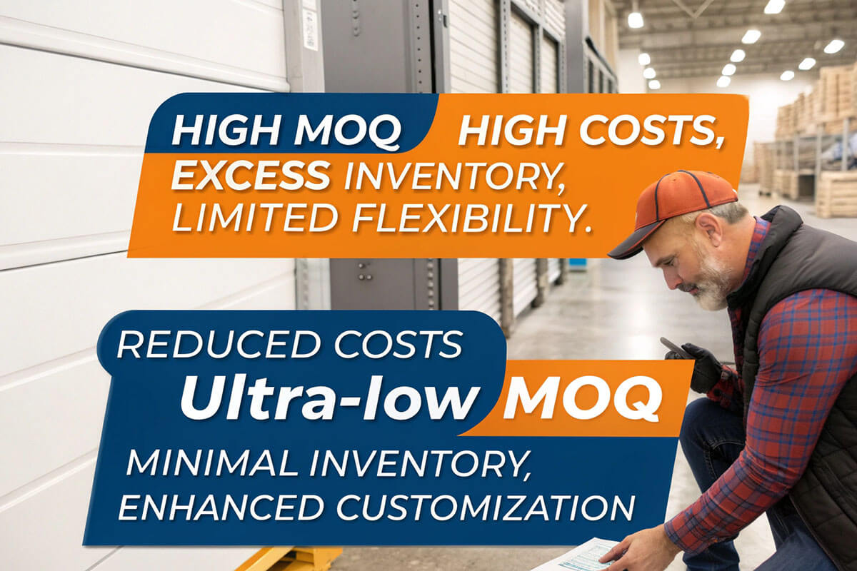 Infographic comparing high MOQ vs. ultra-low MOQ with key benefits