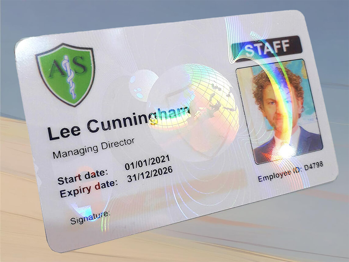 Custom transparent holographic overlay applied to an ID card for security