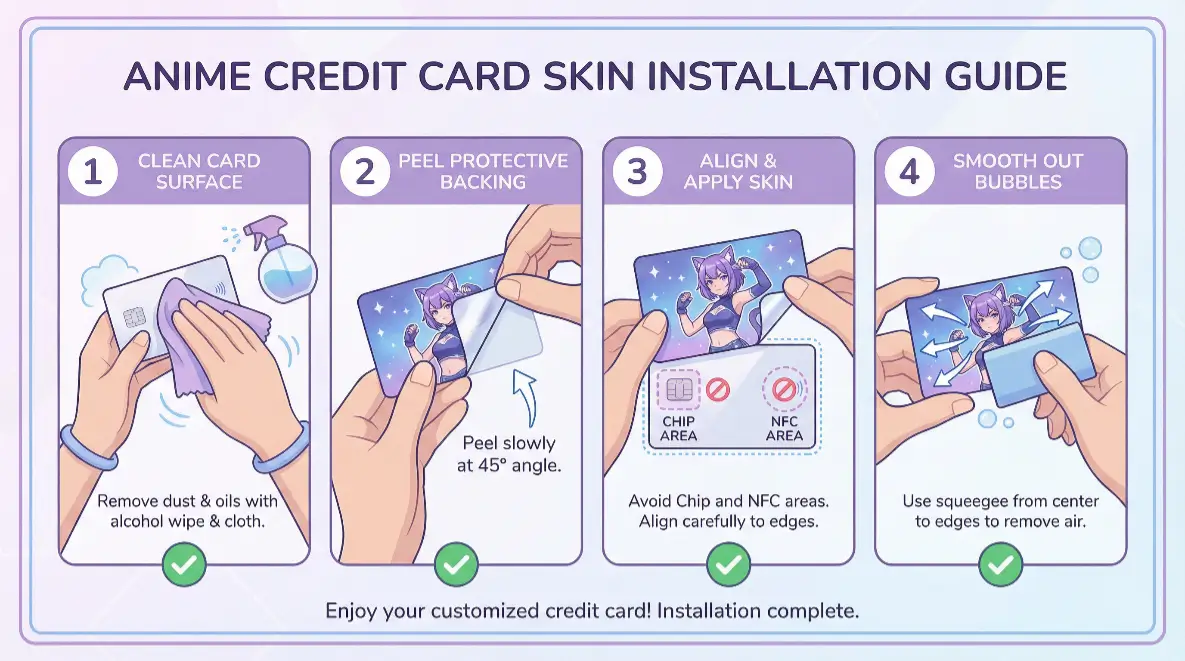 Vierstufiger Prozess für blasenfreie Anime-Karten-Skin-Installation Schritt-für-Schritt-Anleitung zum Anbringen von Anime-Kreditkarten-Aufklebern