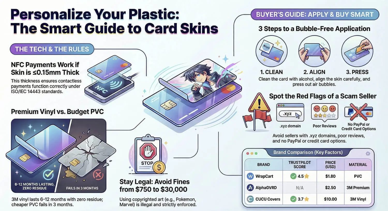 Smarte Anleitung zu Karten-Skins - Vollständige visuelle Anleitung zur Anime-Karten-Skin-Anpassung Smart Guide to Card Skins Infografik - Anime-Kreditkarten-Skin-Stile, Anwendungsschritte und NFC-Kompatibilitätsleitfaden
