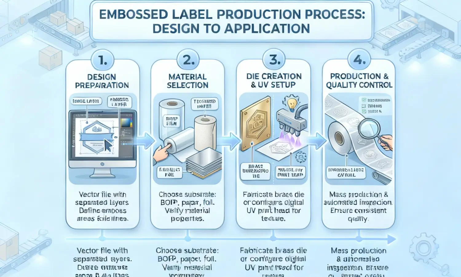Vollständiger Herstellungsprozess für geprägte Etiketten Schritt-für-Schritt-Produktionsworkflow für geprägte Etiketten vom Design bis zur Anwendung
