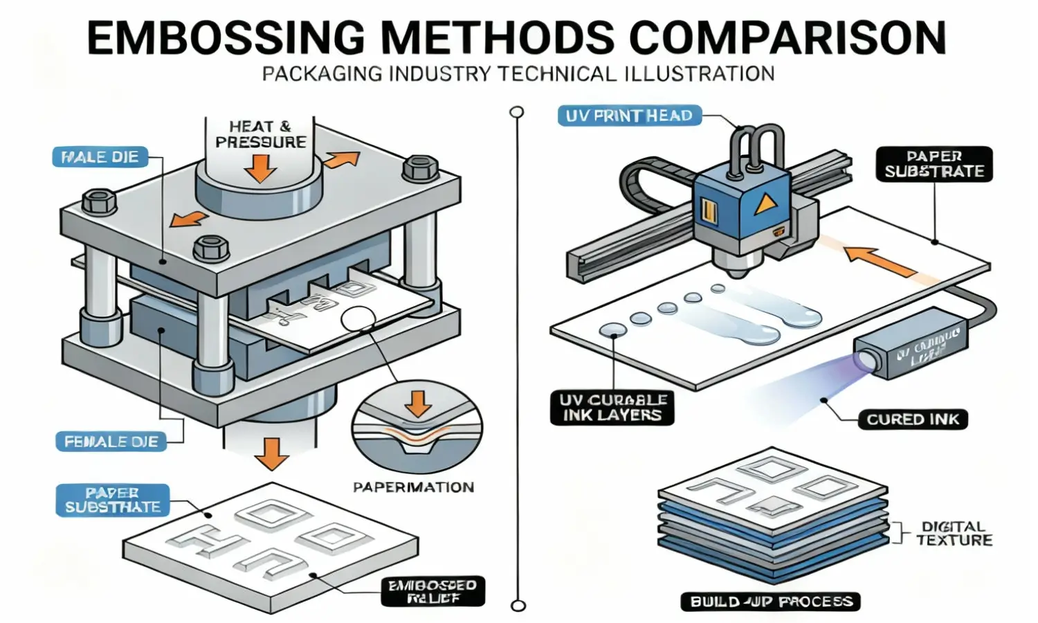 Zwei Hauptmethoden zur Erzeugung geprägter Etiketteneffekte Vergleichsdiagramm mechanisches Prägen vs. UV-Digitalprägen