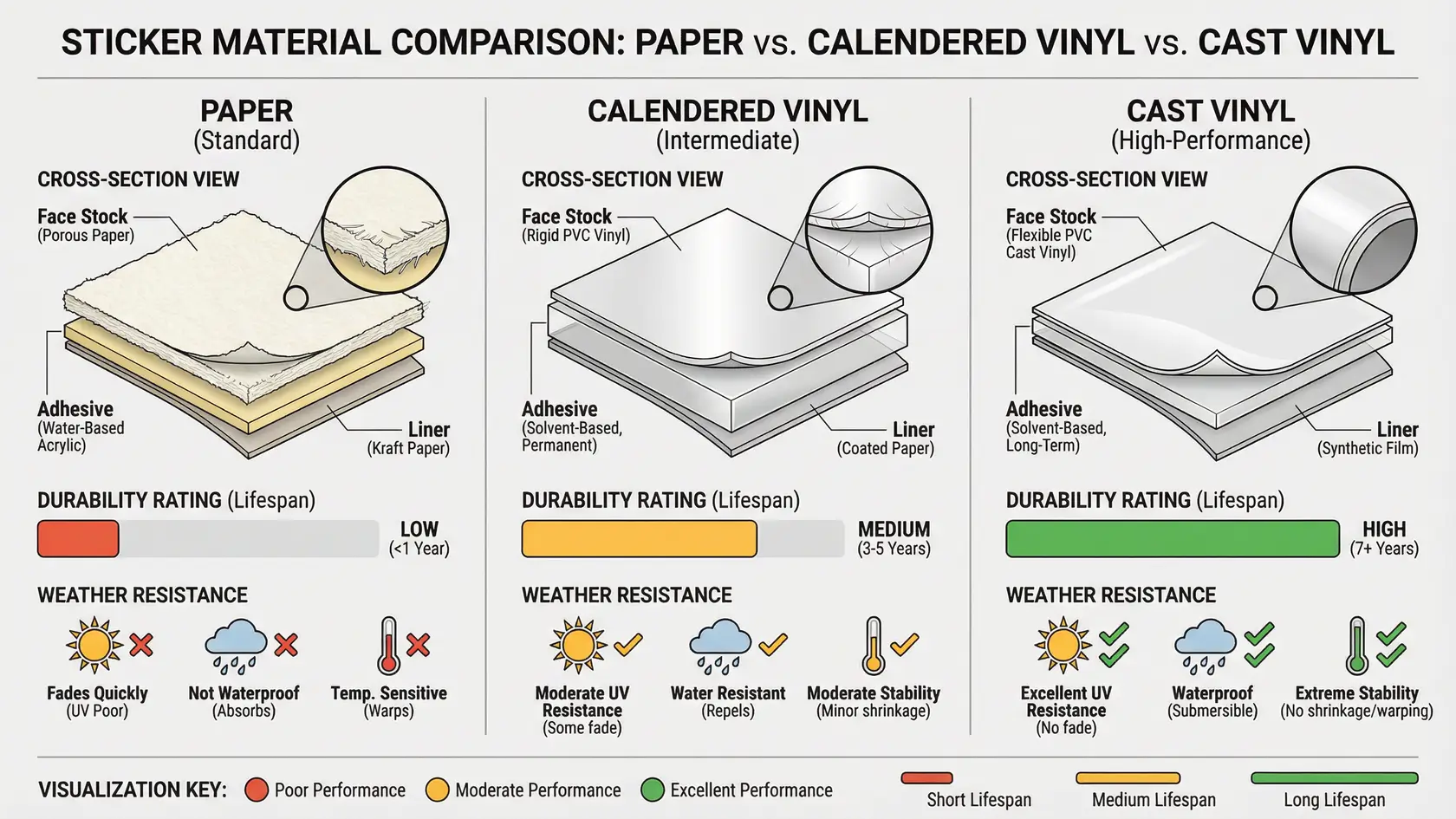 Vergleich von Vinyl-, Papier- und Spezialmaterialien für Aufkleber mit Haltbarkeitsbewertungen