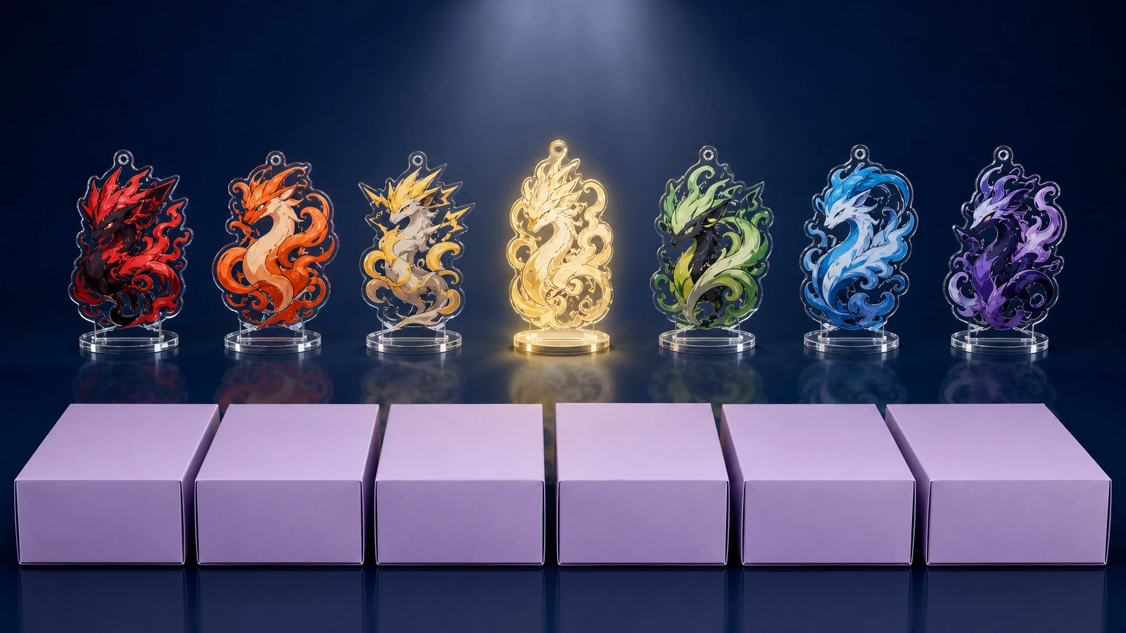 Eine Reihe identischer, versiegelter, undurchsichtiger Blindboxen vor einer Reihe bunter Silhouetten von Acryl-Anhängern, in der Mitte leuchtet ein goldener Chase-Anhänger