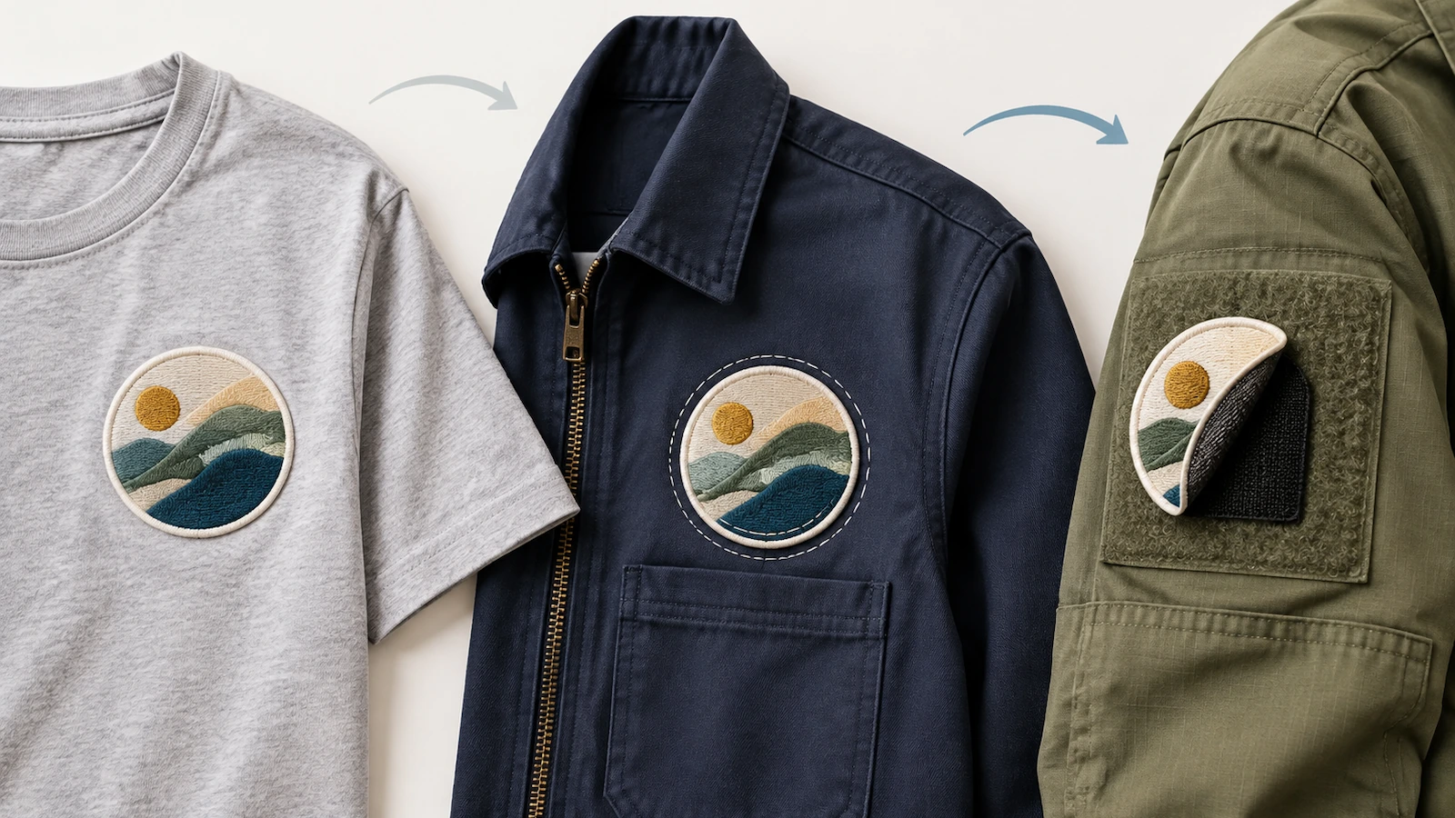 Drei Kleidungsstücke nebeneinander: ein aufgepresster Patch, ein aufgenähter Patch mit sichtbarer umlaufender Naht und ein teilweise abgelöster Klettband-Patch