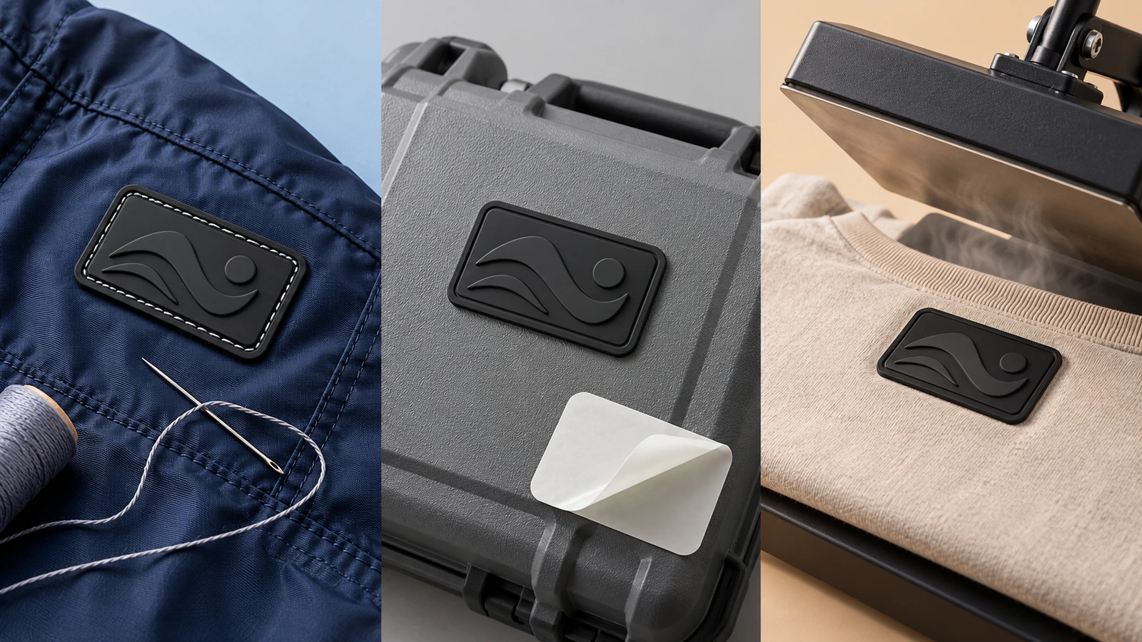 Drei identische Gummi-Patches, die mit Naht, mit Klebeband und mit einer Heißpresse befestigt sind, nebeneinander auf Stoff und einem Hartgehäuse gezeigt