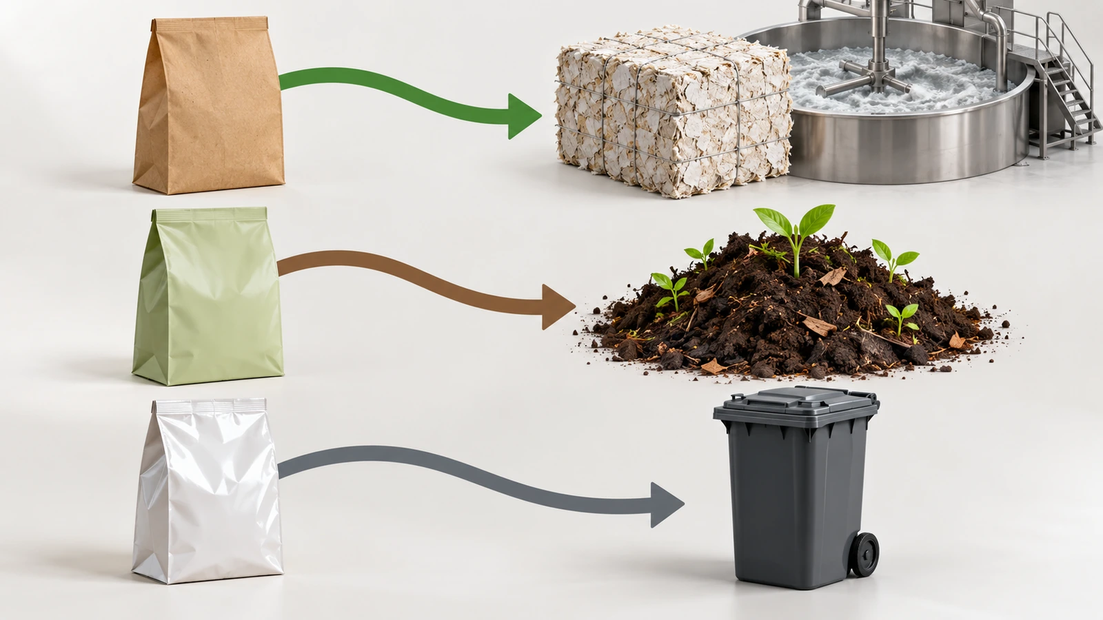 Illustration von drei Papiertüten für Lebensmittel, die auf getrennten Pfeilen zu einem Papierrecyclingstrom, einer industriellen Kompostieranlage und einer Restmülltonne führen und zeigen, wie die Wahl der Barriere die Entsorgungswege bestimmt