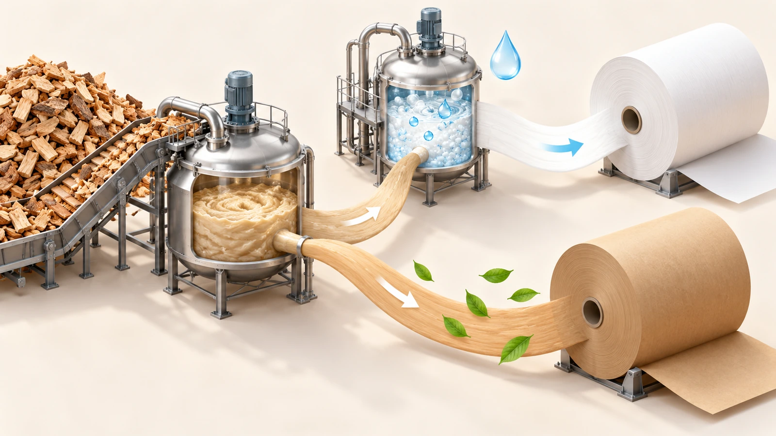 Illustration eines einzelnen Kraftzellstoffstroms, der sich in zwei Wege teilt: Der eine führt direkt zu Rollen aus braunem Kraftpapier, der andere durch eine zusätzliche Bleichstufe zu Rollen aus weißem Kraftpapier