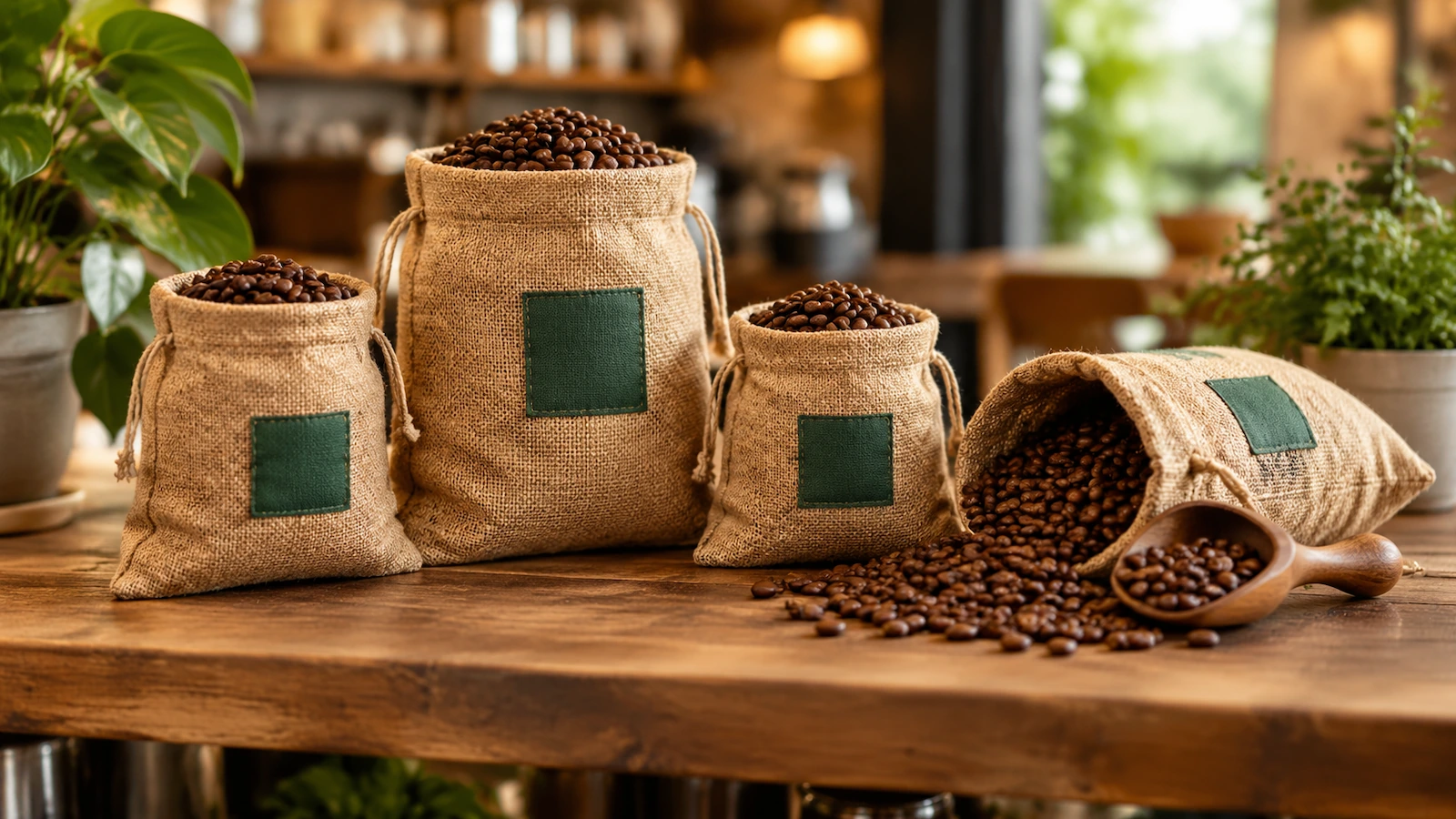 Kleine Jutesäckchen mit Kordelzug, gefüllt mit gerösteten Kaffeebohnen, auf einem rustikalen Holzregal im Laden