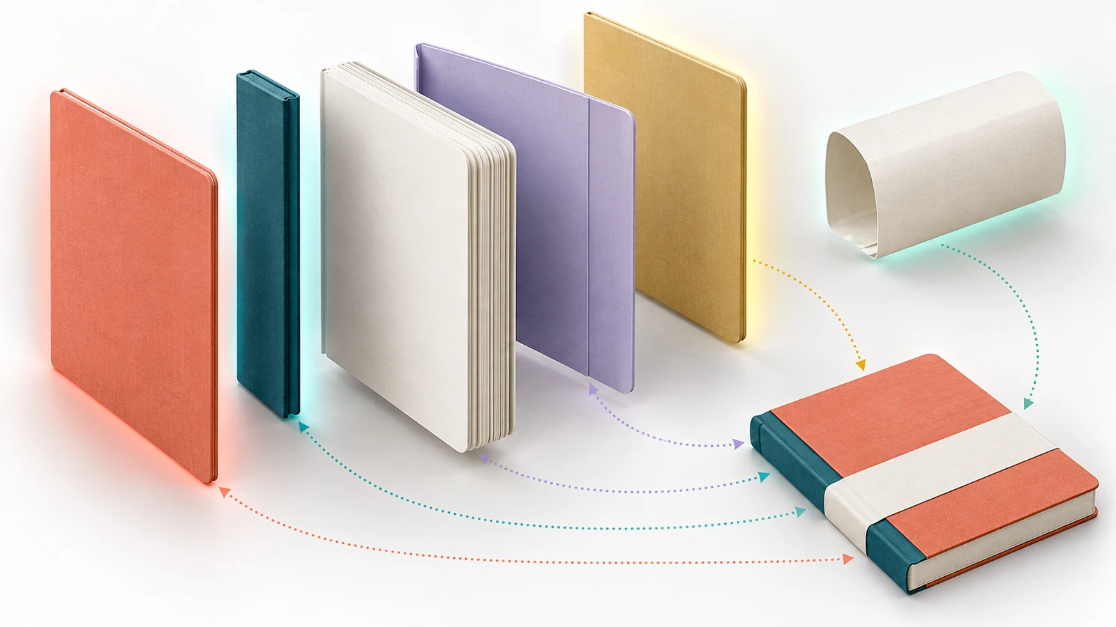 Explosionsdarstellung eines Hardcover-Notizbuchs, bei der Vorderseite, Buchrücken, Rückseite, Innenseite des Einbands und eine abnehmbare Banderole jeweils in einer anderen Farbe hervorgehoben sind