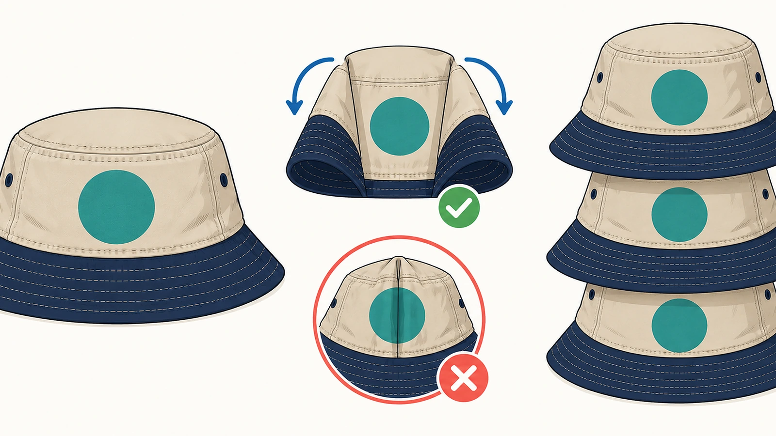 Diagramm von drei Packmethoden für Bucket Hats: flach liegend, entlang der Seitennähte gefaltet mit glatt gehaltener Frontpartie und Kopfteil in Kopfteil ineinandergestapelt, mit Pfeilen für die Faltrichtung