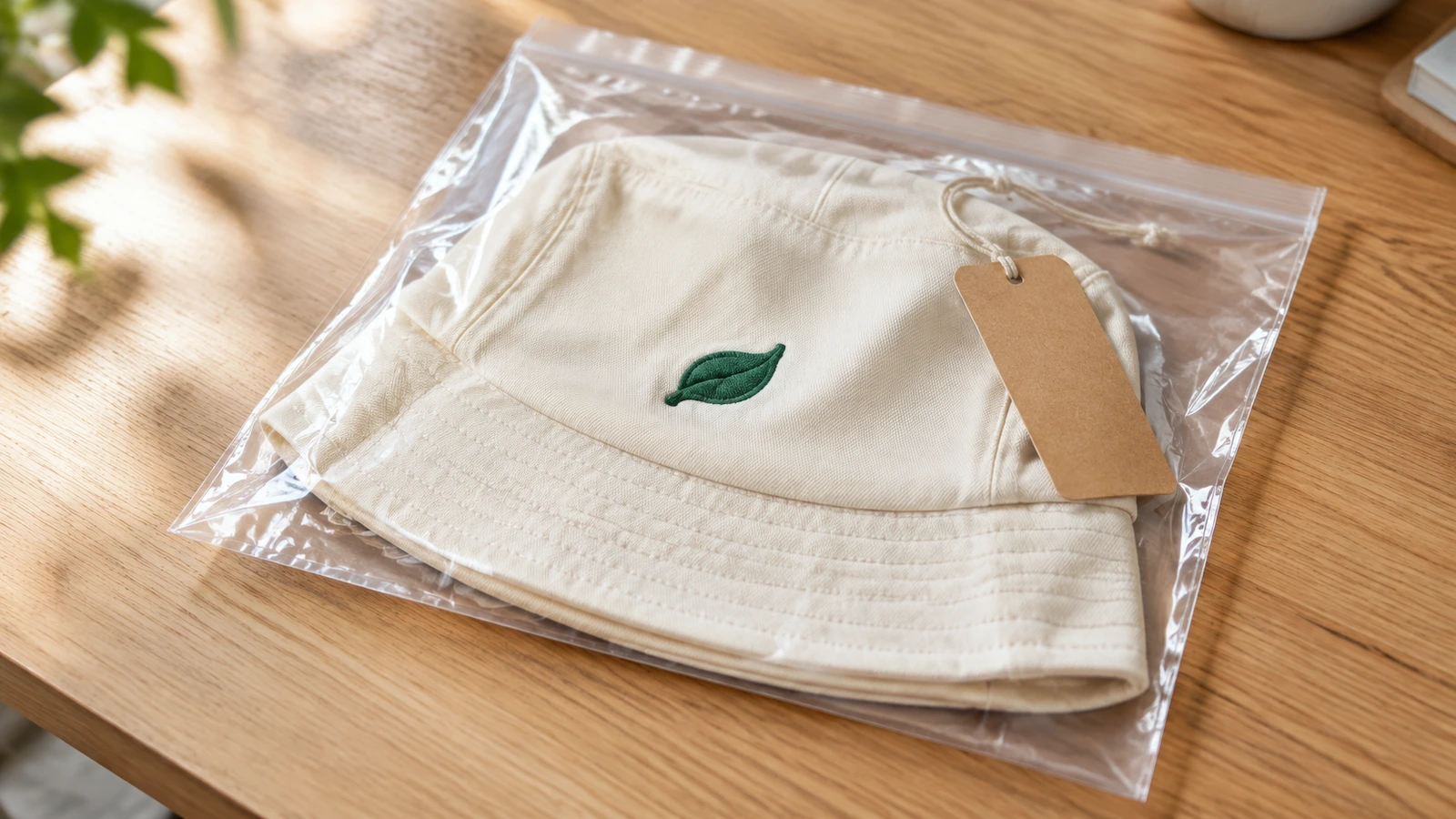 Seitlich gefalteter Bucket Hat in einem klaren Polybeutel mit einem leeren Kraftpapier-Hängeetikett, das mit einer Fadenschlaufe am Schweißband befestigt ist