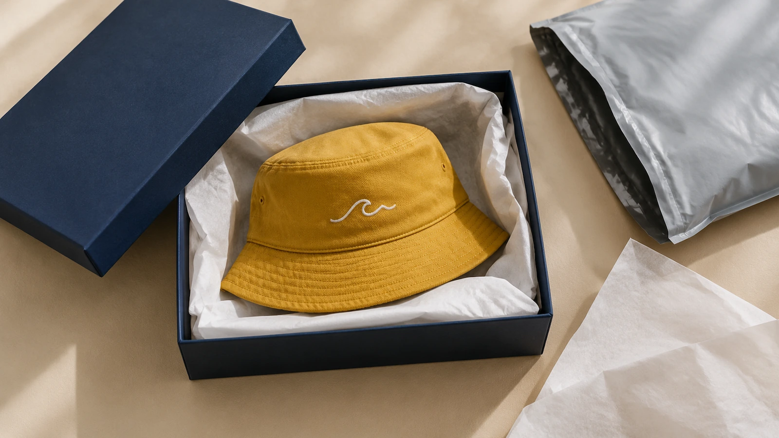 Gefalteter Bucket Hat auf Seidenpapier in einer geöffneten festen Geschenkbox neben einer gepolsterten Versandtasche vor neutralem Studiohintergrund