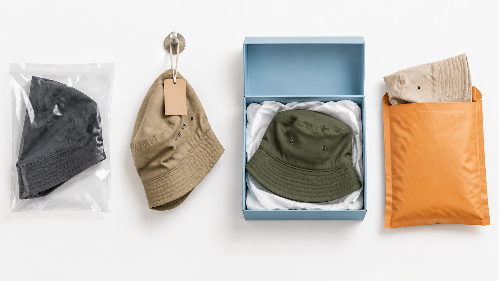 Vier Verpackungsformate für Bucket Hats im Vergleich: ein Hut in einem klaren Polybeutel, ein Hut mit einem leeren Hängeetikett an einem Haken, ein Hut in einer geöffneten Box mit Markenaufdruck und Seidenpapier und ein Hut gefaltet in einer gepolsterten Versandtasche