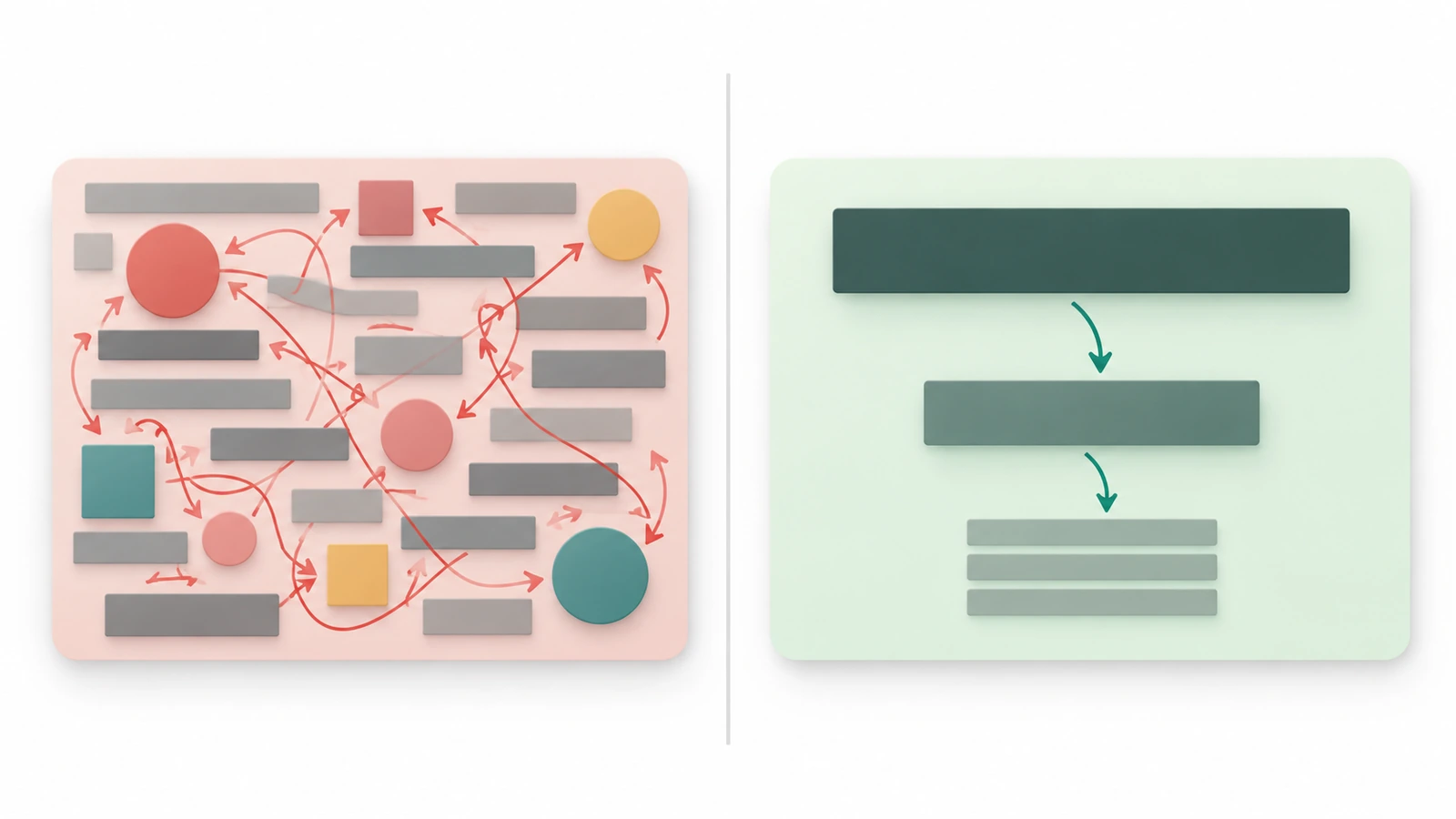 Diagramm, das eine überfüllte Visitenkarte mit einer klaren dreistufigen Hierarchie vergleicht, mit Pfeilen, die den Blickverlauf vom Fokuspunkt zu den Kontaktdaten zeigen