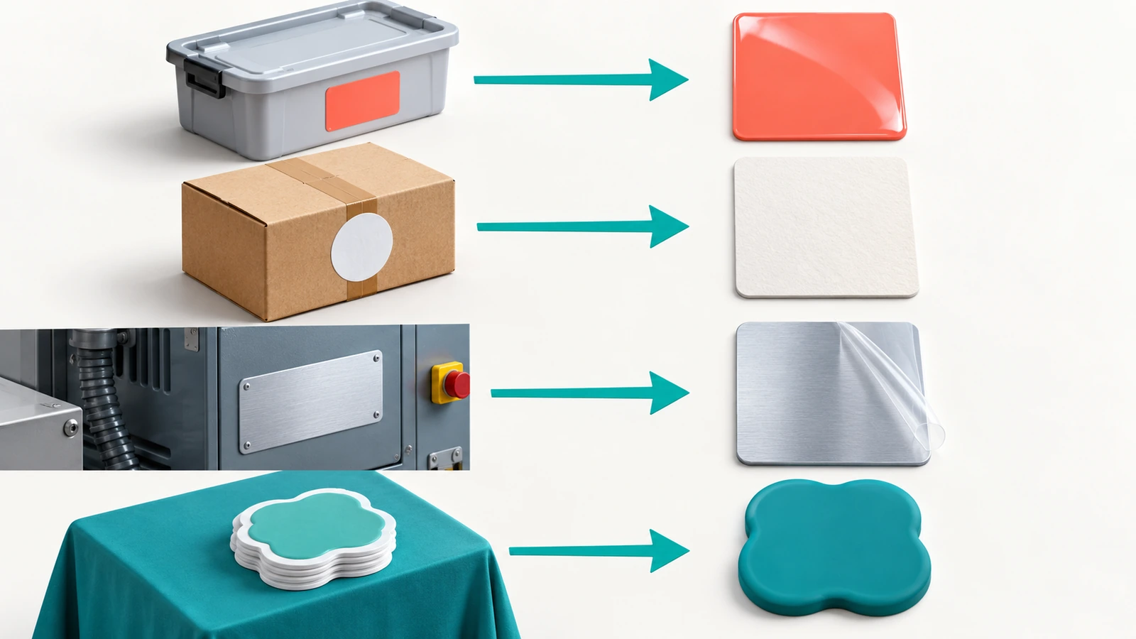 Vier gewerbliche Aufkleberanwendungen als Symbole: ein Markenprodukt, ein versiegelter Versandkarton, eine beschriftete Industriemaschine und ein Tisch mit Werbegeschenken, jeweils per Pfeil mit einem anderen Aufkleber-Materialmuster verbunden