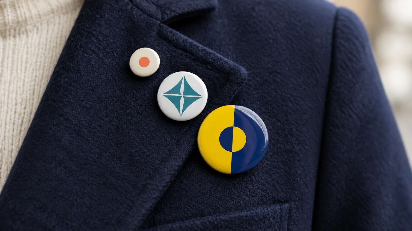 Drei runde Pinback-Buttons mit kleinem, standardmäßigem und großem Durchmesser in einer Reihe am Revers einer marineblauen Jacke, jeder mit einem einfachen, abstrakten Motiv aus Farbblöcken