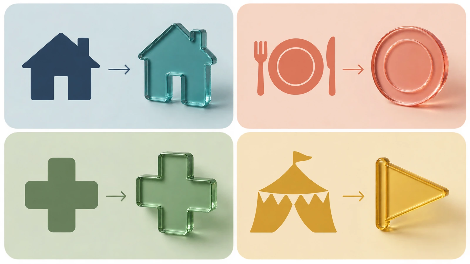 4-teilige Illustration, die ein Haus, einen Teller mit Besteck, ein medizinisches Kreuz und ein Veranstaltungszelt passenden farbigen Magnetformen zuordnet, um unterschiedliche Kampagnenziele zu zeigen