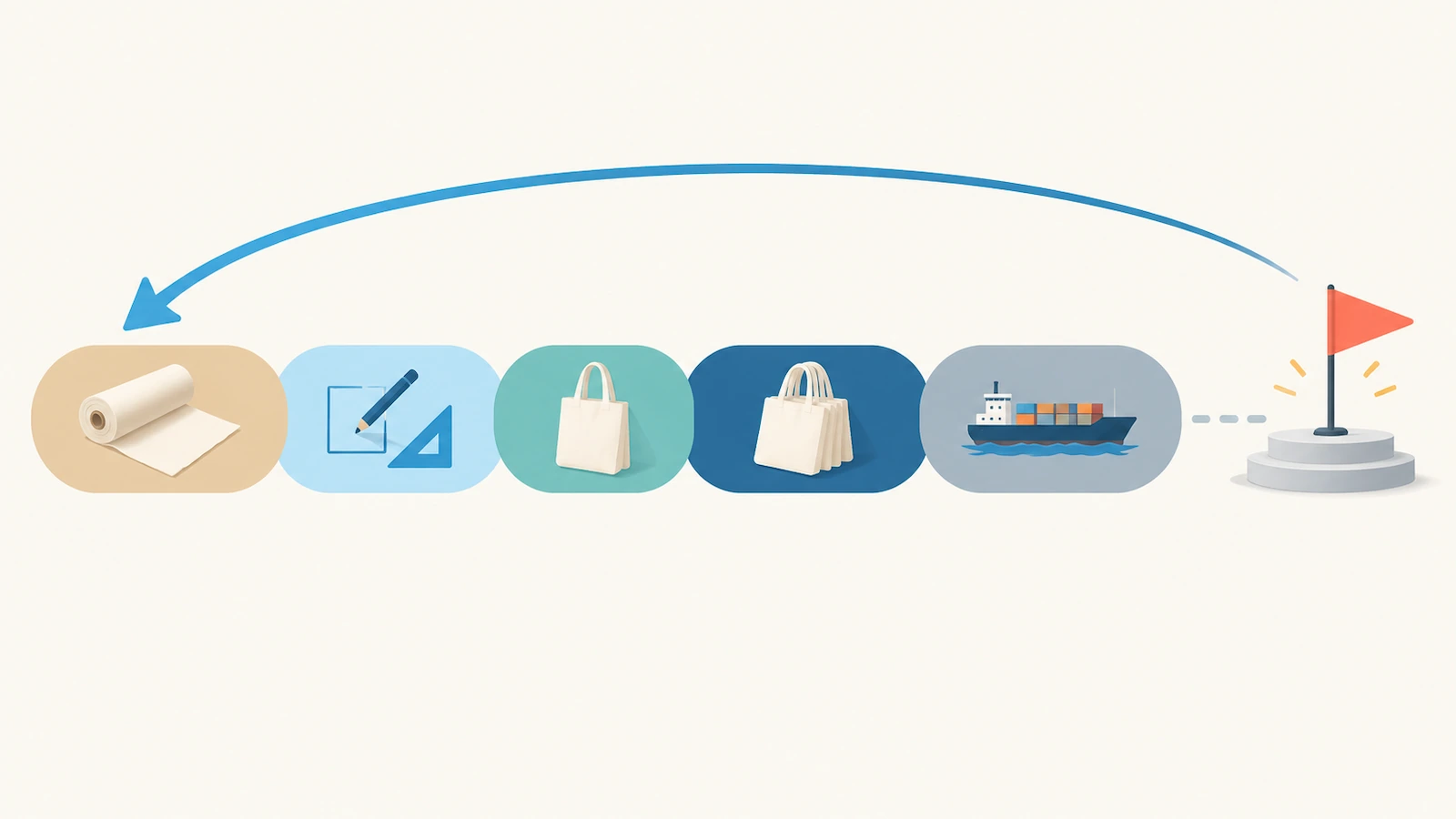 Diagramm zur Rückwärtsplanung mit farbigen Blöcken für Gewebe, Druckvorlage, Bemusterung, Produktion und Transport, die zu einer Zielflagge für den Veranstaltungstermin führen