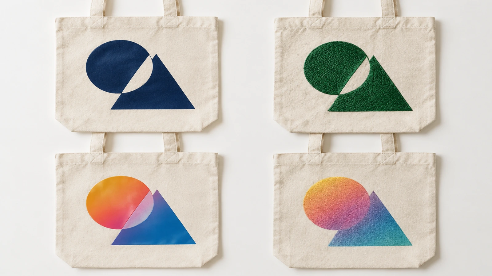 Vier naturfarbene Canvas-Taschen im Vergleich: ein flacher Siebdruckblock, erhabene Stickerei, ein glänzender Thermotransfer und ein weicher Vollfarb-Direktdruck
