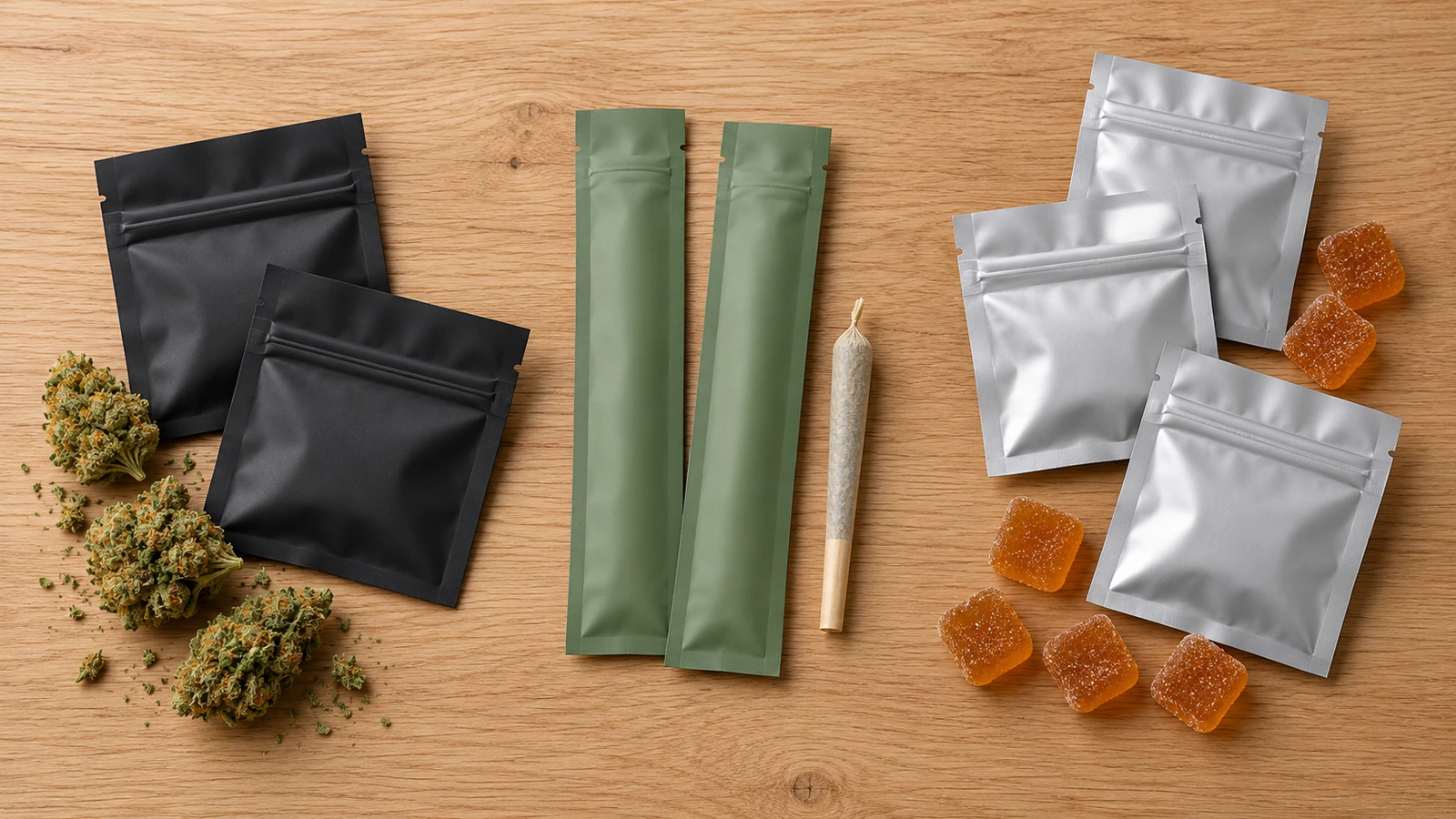 Drei Gruppen matter Flachbeutel aus Mylar, nach Produktlinie sortiert: Blütenmuster, einzelne vorgedrehte Joints und einzeln dosierte Fruchtgummis
