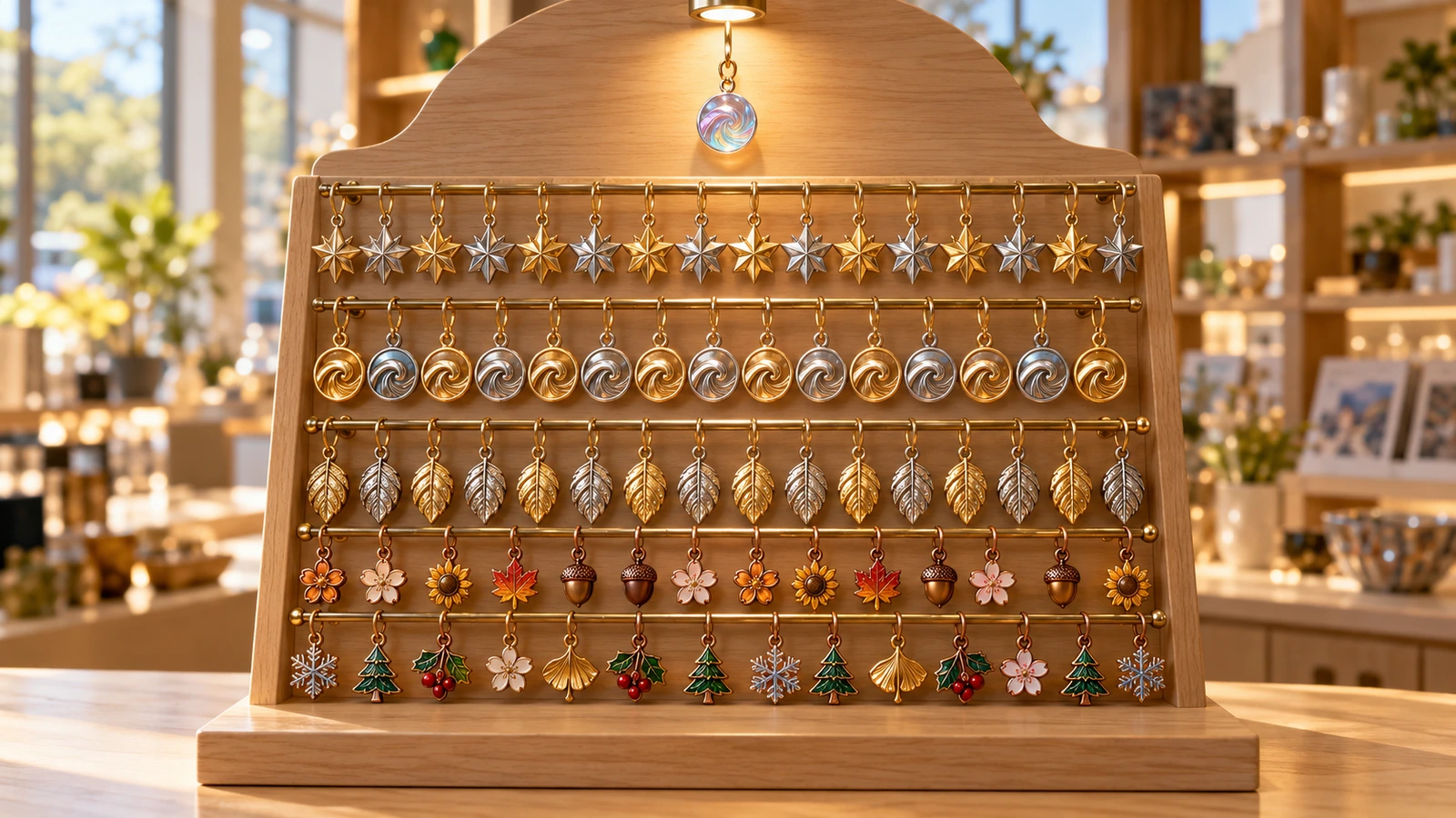 Verkaufsdisplay an der Theke mit einer Metall-Charm-Serie: Reihen mit Kerndesigns, kleinere Reihen mit saisonalen Varianten und ein einzelnes hervorgehobenes Chase-Stück