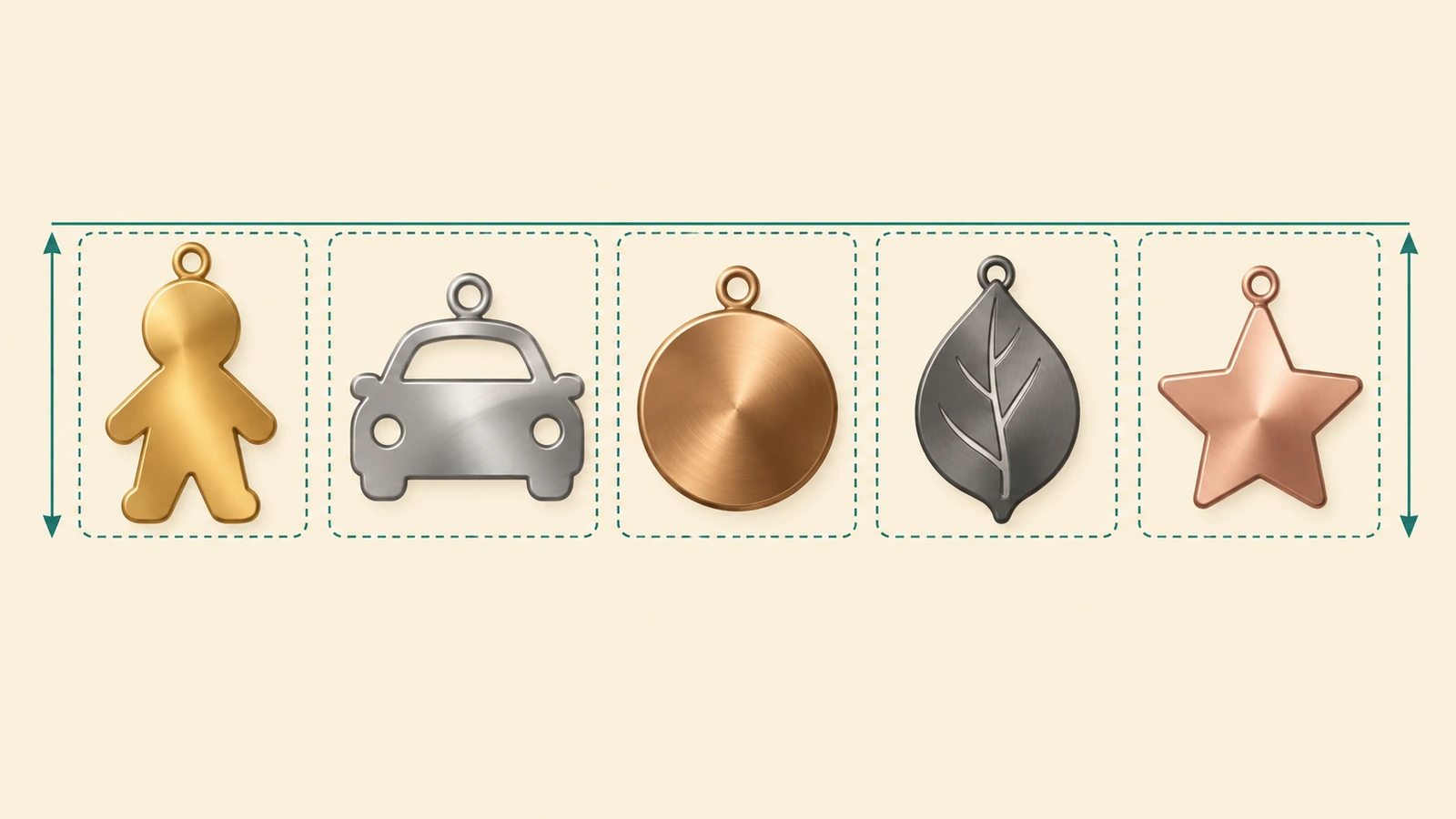Diagramm einer Größenfamilie für eine Charm-Serie: fünf verschiedene Charm-Silhouetten in identischen umrandeten Rahmen, Pfeile zeigen eine gemeinsame Höhe
