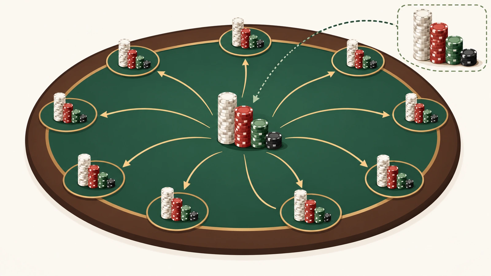 Diagramm einer Chipbank mit Chiptürmen unterschiedlicher Höhe je Wertstufe; Pfeile verteilen gleiche Startstapel an die Sitzplätze, und ein Reserveturm wird für Rebuys zurückgehalten