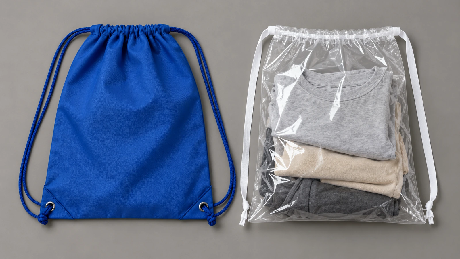 Ein blauer Kordelzug-Rucksack aus Polyester mit Schulterkordeln neben einem klaren PE-Folien-Kordelzugbeutel mit Zugband, flach auf einer neutralen Fläche liegend