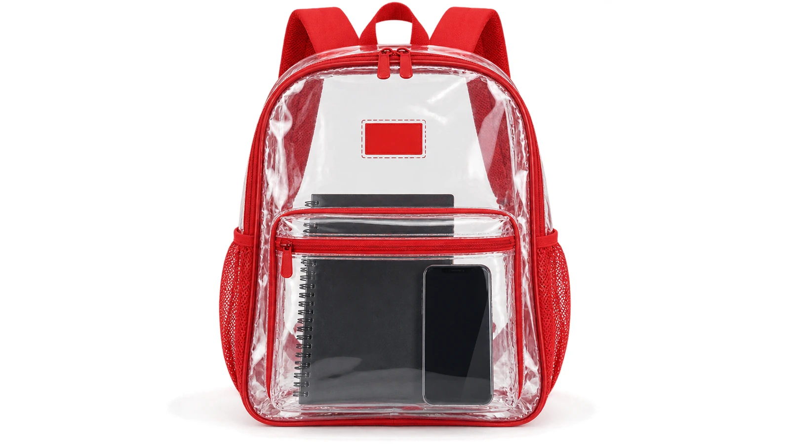 Frontansicht eines durchsichtigen PVC-Rucksacks mit einem kleinen einfarbigen Rechteck als Markierung für eine einzelne Logozone auf 1 Seite; farbige Trageriemen und Einfassung tragen die Markenfarbe, während der Körper transparent bleibt