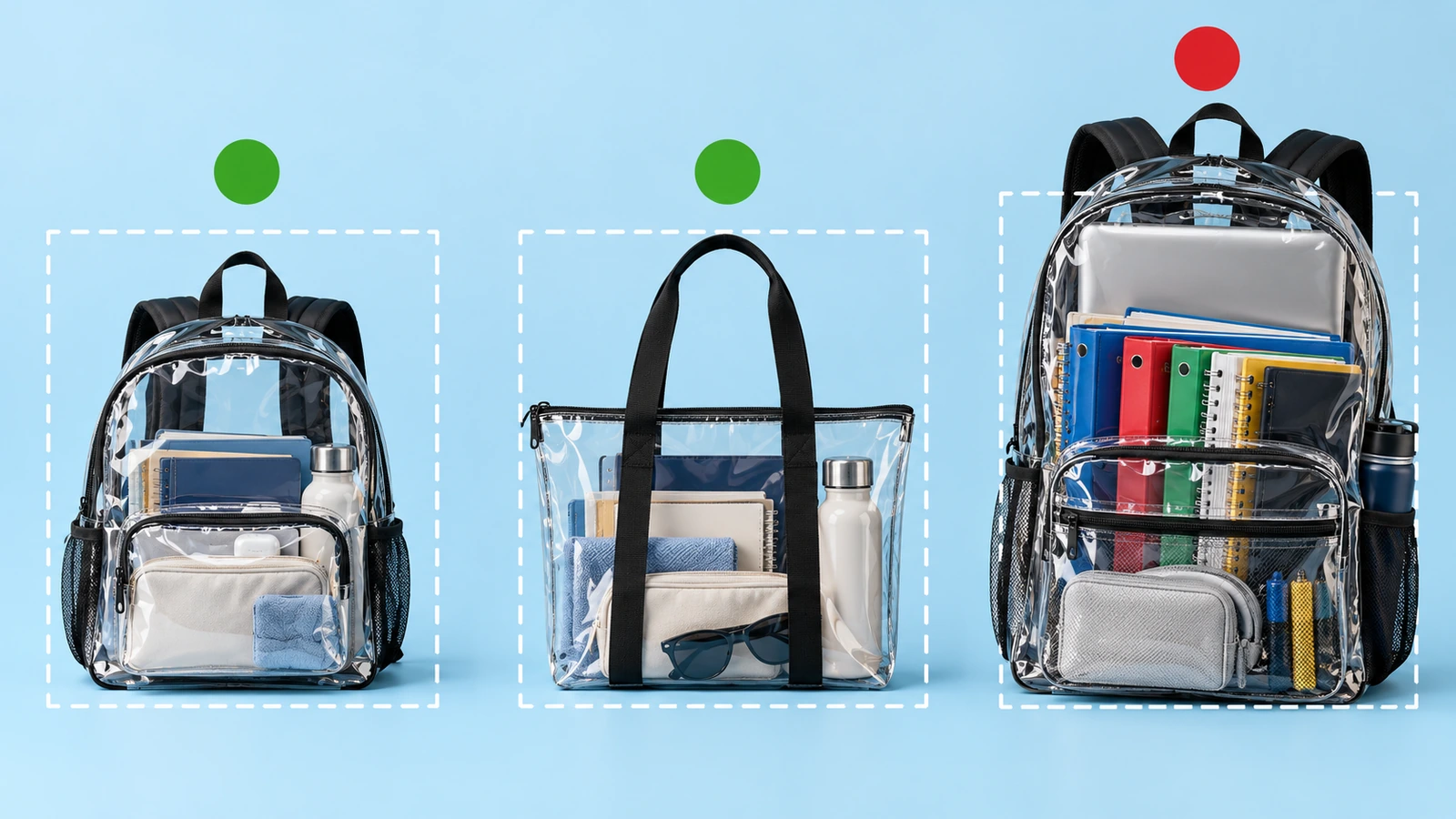 Drei durchsichtige Taschenformate nebeneinander: ein kompakter durchsichtiger Rucksack, eine durchsichtige Tragetasche und ein großer durchsichtiger Schulrucksack, mit grünen und roten Kreisindikatoren, die zeigen, welche in einen gestrichelten Stadiongrößenumriss passen