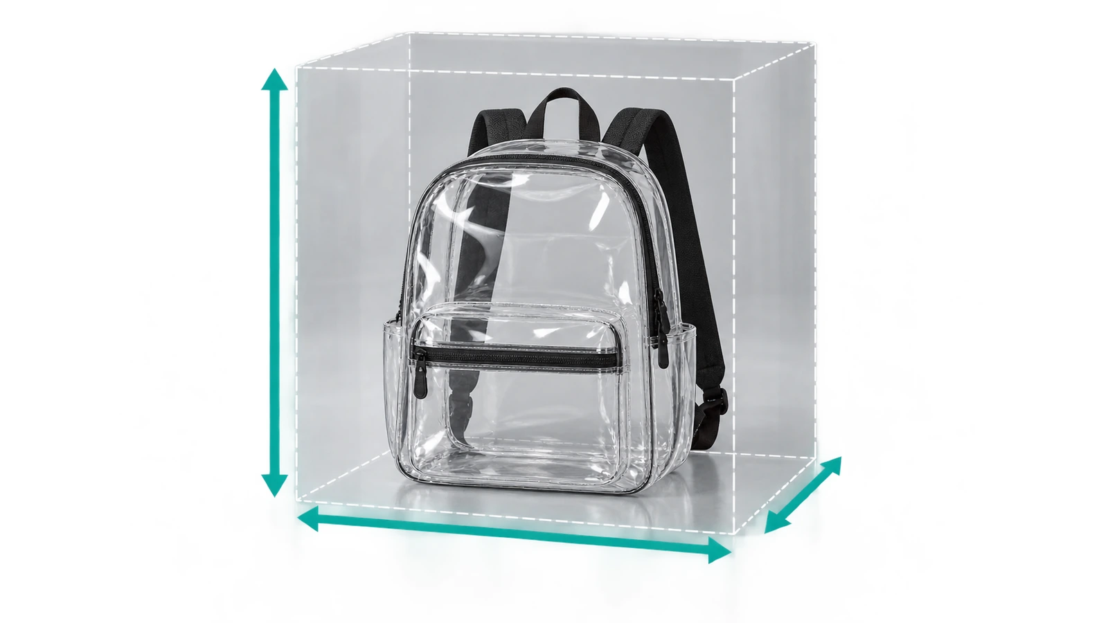 Durchsichtiger PVC-Rucksack in einem gestrichelten transparenten Quader, der das Stadiongrößenlimit von 12 x 6 x 12 Zoll darstellt, mit Pfeilen entlang Höhe, Breite und Tiefe