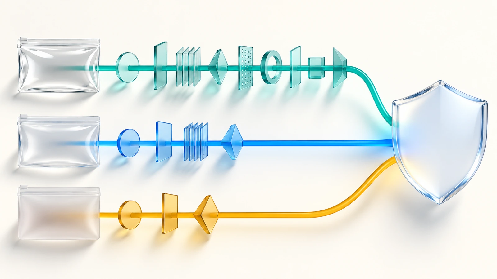 Abstraktes Diagramm mit drei Symbolen klarer Folien, die jeweils über unterschiedliche Prüfschranken auf eine Schildform zulaufen und zeigen, dass jedes Material einen eigenen Konformitätsweg durchläuft