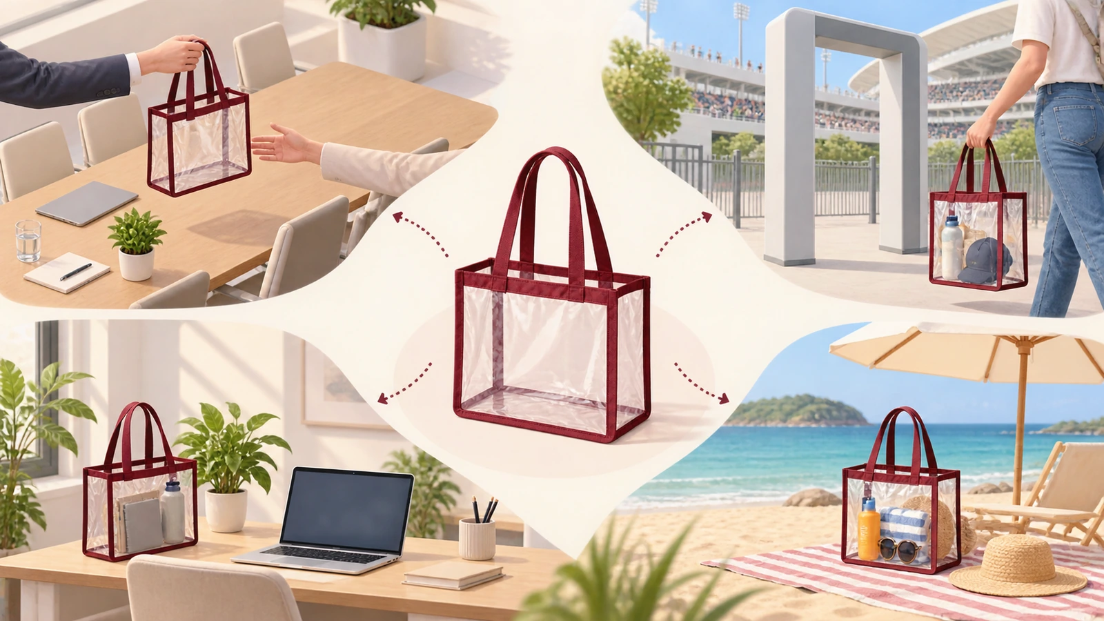 Illustration einer transparenten Tragetasche, die Pfeilen von einer Konferenzübergabe zu einem Stadioneinlass, einem Bürotisch und einem Strand folgt und ihre Wiederverwendung nach der Veranstaltung zeigt