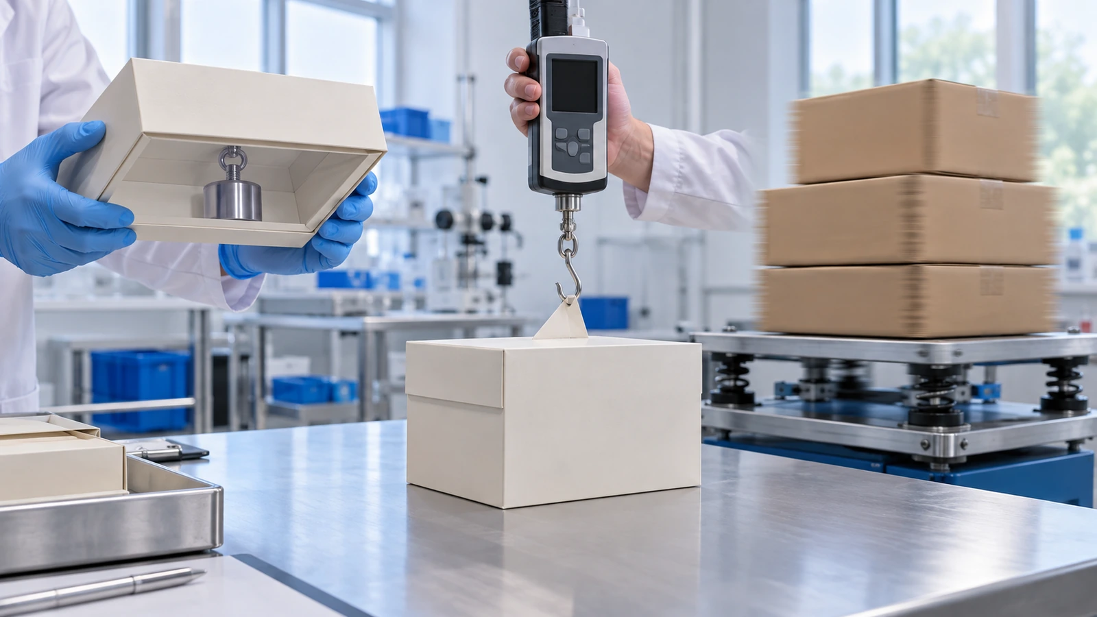 Laborszene: Eine befüllte Box mit Magnetverschluss wird kopfüber gehalten, ihr Deckel bleibt geschlossen; daneben zieht ein Handkraftmessgerät einen Deckel auf, und ein Stapel Boxen steht auf einem Vibrationstisch