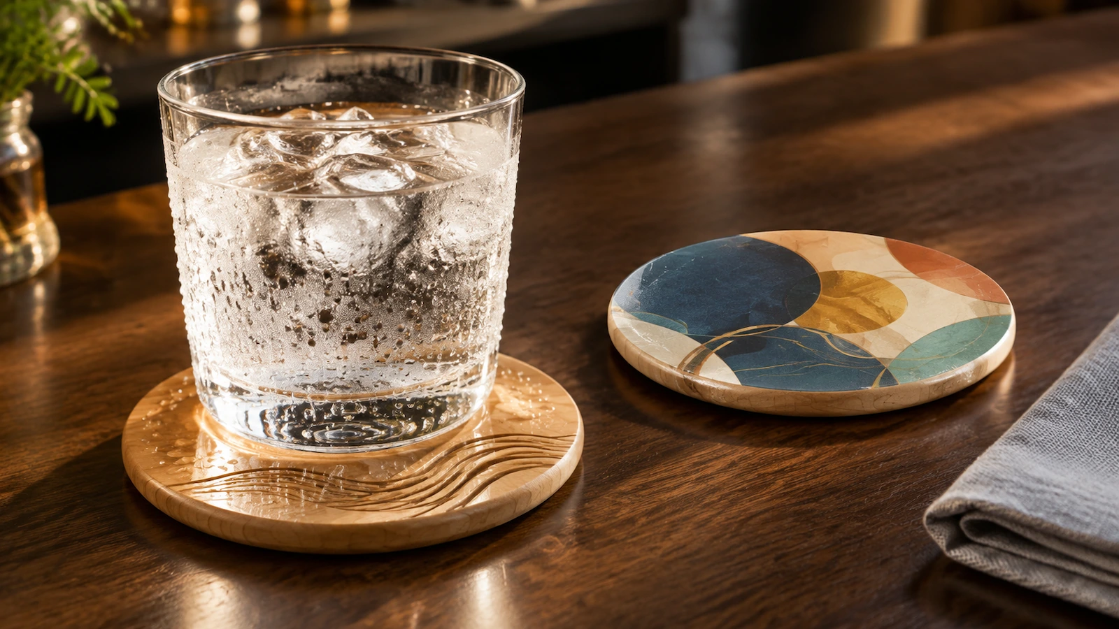 Schwitzendes Eisglas auf einem versiegelten runden Holzuntersetzer mit Kondenswassertropfen auf der Oberfläche; veranschaulicht die Feuchte- und Abriebbelastung bei gedruckten gegenüber gravierten Ausführungen