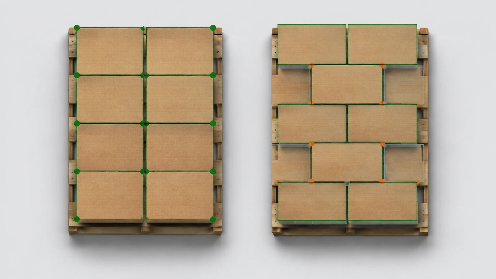 Draufsicht im Vergleich: eine Palette im Säulenstapel mit übereinanderliegenden Kartonecken und eine Palette im Verbundstapel mit versetzten Kartons; Farbblöcke zeigen, wo die Ecken Last tragen