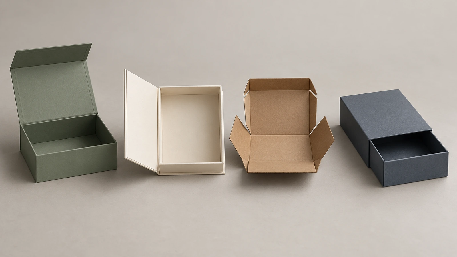 Vier Boxen mit Magnetverschluss in einer Reihe: eine geöffnete starre Klappdeckelbox, eine Buchbox mit zurückgeklapptem Deckel, eine halb flach gefaltete faltbare Box und eine Schubladenbox mit teilweise herausgezogenem Tablett