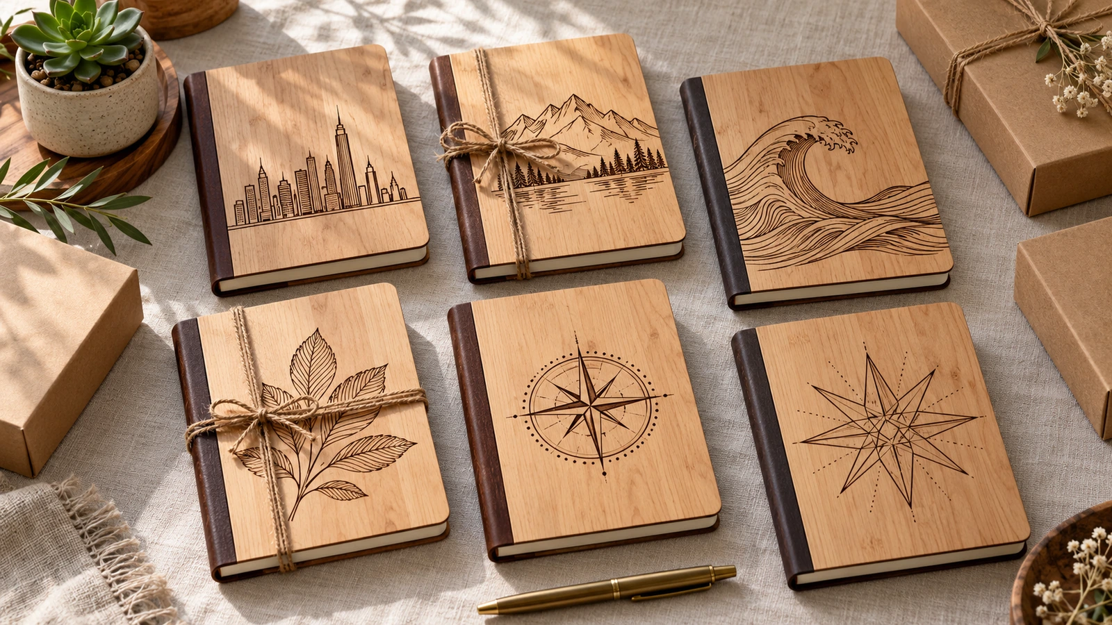 Aufsicht auf mehrere Holzjournale mit unterschiedlichen gravierten Motiven, mit Naturband zusammengebunden, auf einem Schreibtisch für ein Firmengeschenkprogramm