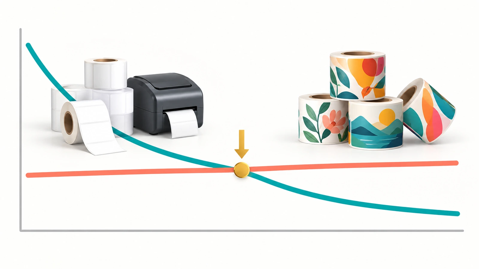 Abstraktes Diagramm mit zwei sich kreuzenden Kurven: Eine fällt steil, wenn das Volumen pro Design steigt, die andere bleibt flach; ein Pfeil markiert den Schnittpunkt