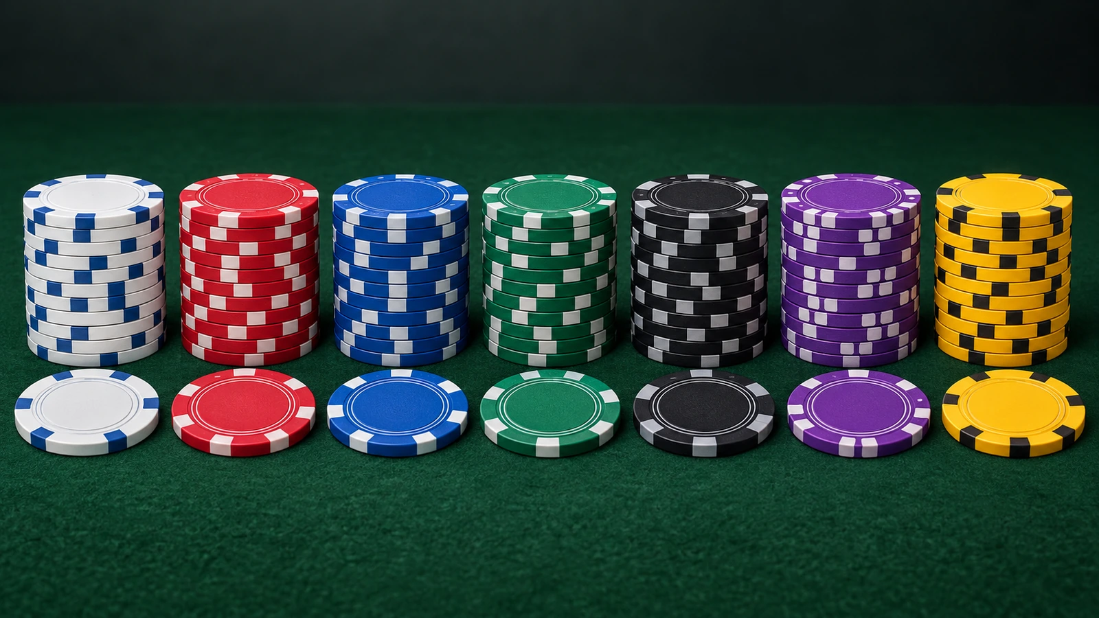 Sieben Pokerchip-Stapel, vom hellsten zum dunkelsten Wert nach konventionellen Farben angeordnet: Weiß, Rot, Blau, Grün, Schwarz, Lila und Gelb