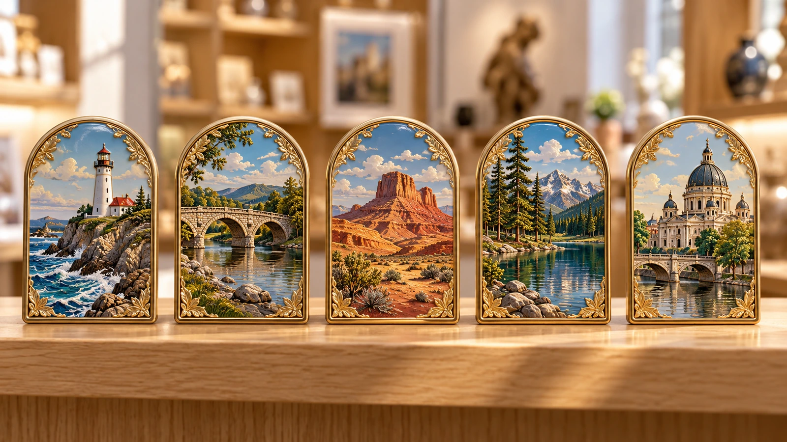 Reihe von Weißblech-Kühlschrankmagneten mit einem gemeinsamen geprägten Rahmen und jeweils einem anderen Wahrzeichenmotiv für eine Souvenirserie