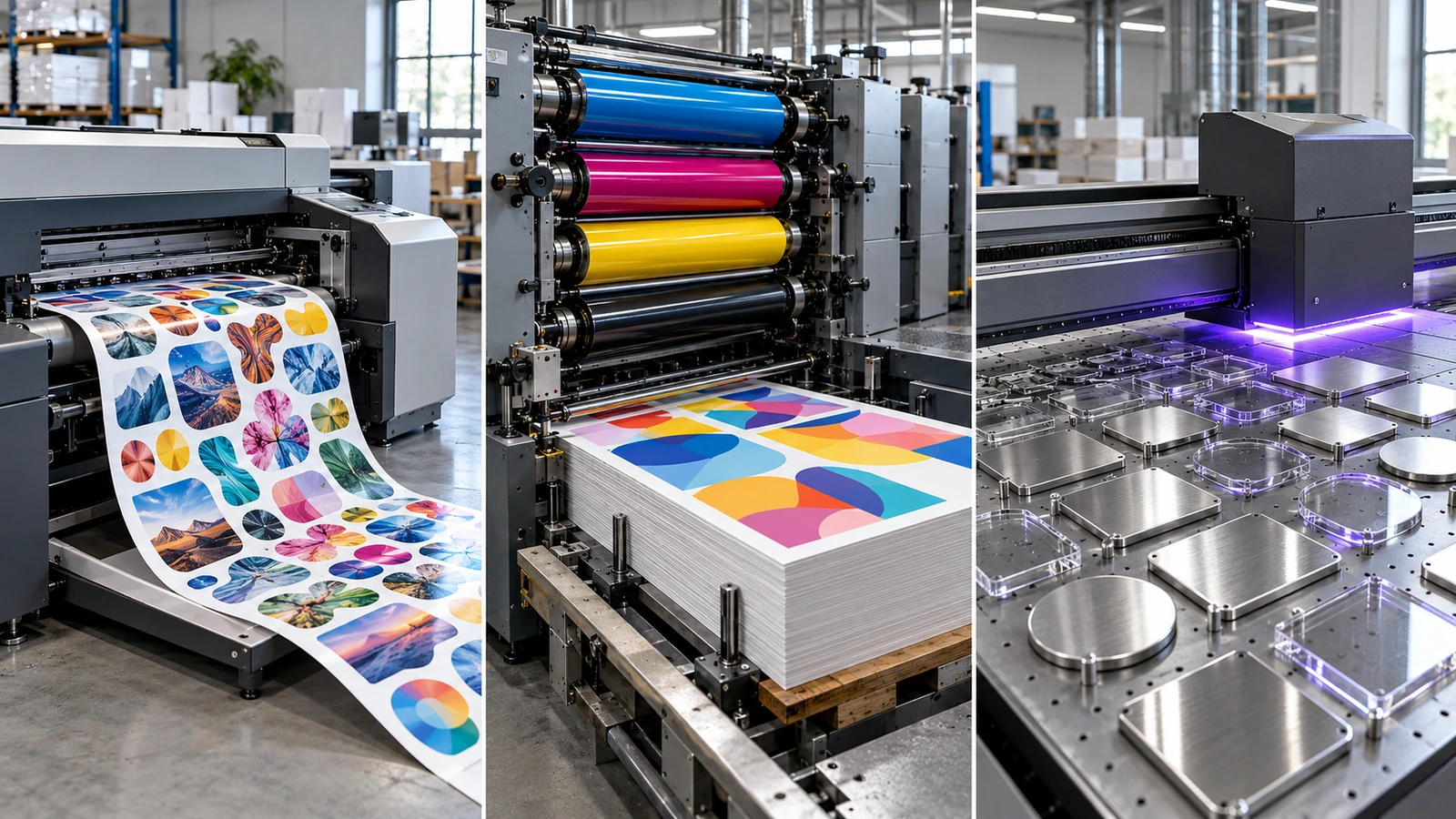 Drei Druckverfahren für Kühlschrankmagnete im Vergleich: Digitaldrucker auf flexibler Folie, Offsetdruckmaschine mit Druckplatten und UV-Flachbettdruck auf starren Metallfronten