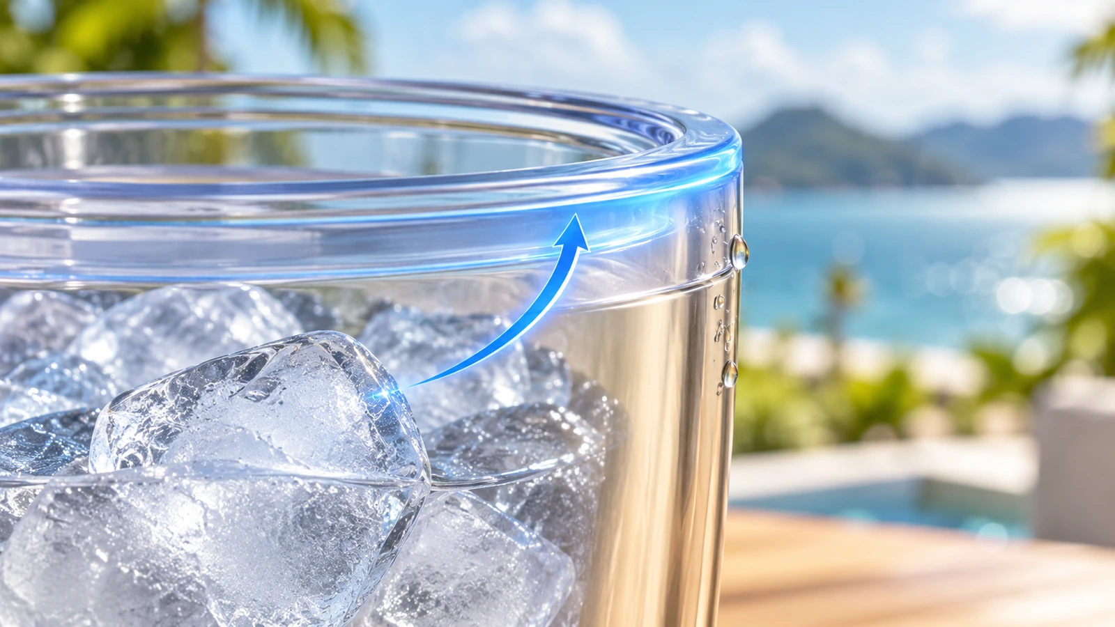 Nahaufnahme eines Querschnitts am Rand eines doppelwandigen Tumblers, wo Innen- und Außenwand verschmelzen, mit einem kalten blauen Band an der Verbindung und kleinen Tröpfchen, die nur nahe am Rand entstehen