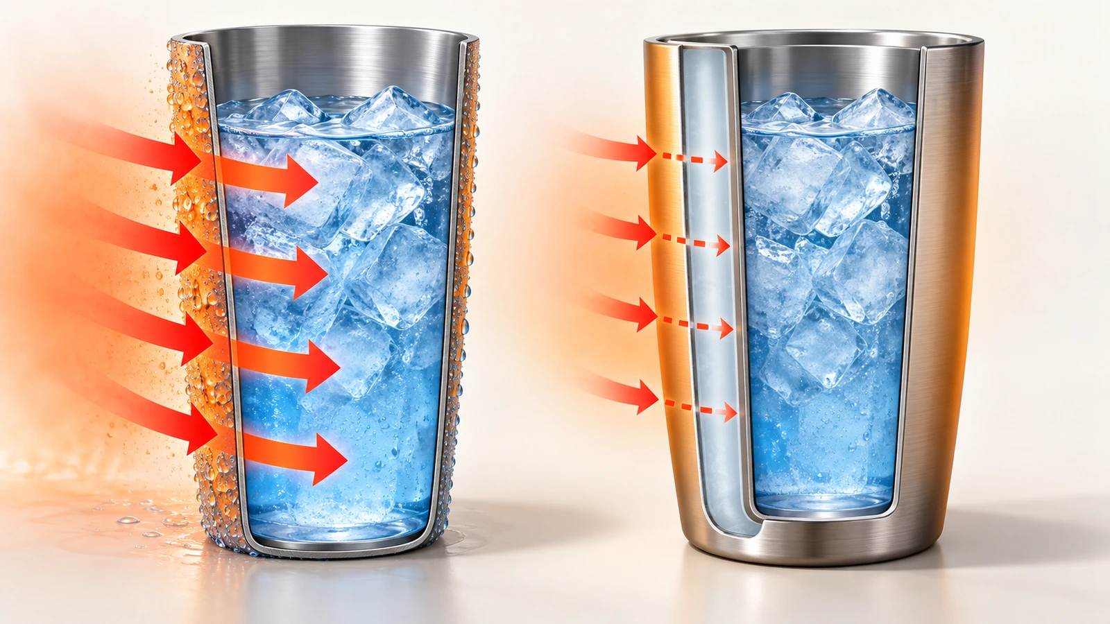Seitlicher Querschnitt im Vergleich: ein einwandiger Kunststoffbecher mit Wassertröpfchen und ein doppelwandiger Kunststoff-Tumbler mit trockener Außenhülle; Pfeile zeigen den durch den Luftspalt verlangsamten Wärmefluss
