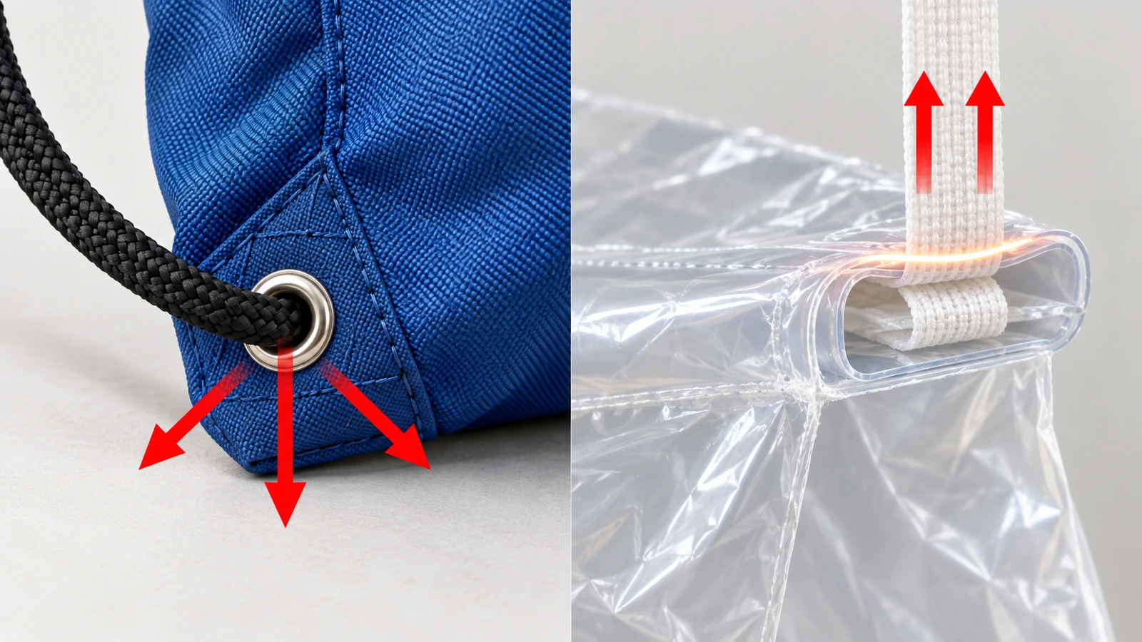 Querschnittsillustration: Vergleich einer genähten Rucksackecke mit Öse und eines heißgesiegelten Folien-Saumtunnels mit Zugband; Pfeile zeigen, wo sich die Belastung konzentriert