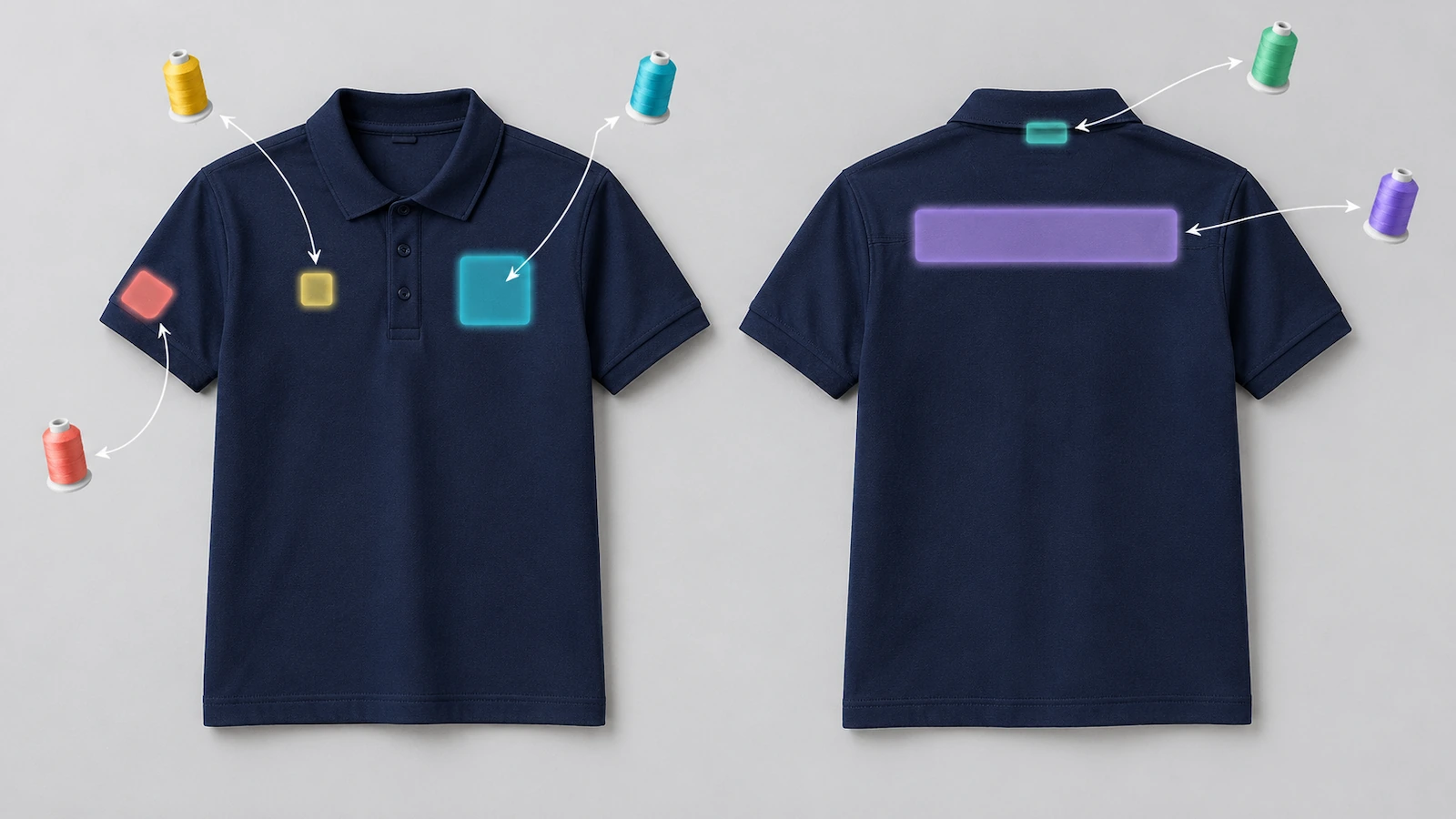 Marineblaues Baumwoll-Piqué-Poloshirt in Vorder- und Rückansicht mit hervorgehobenen Stickzonen auf linker Brust, rechter Brust, Ärmel, Rückenpasse und Nacken